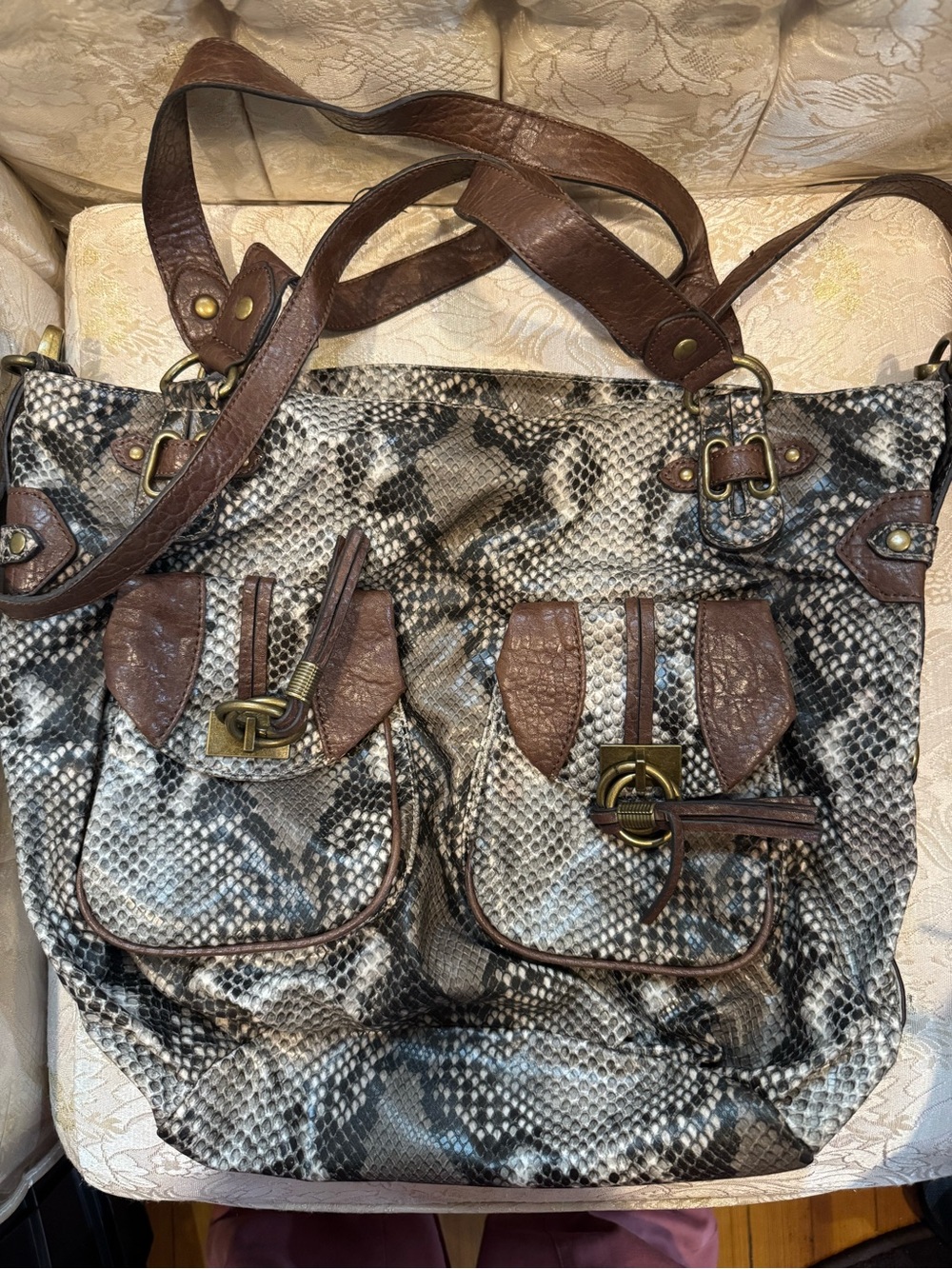 Jessica Simpson Brown Snake-Print Leather Accent Tote Bag